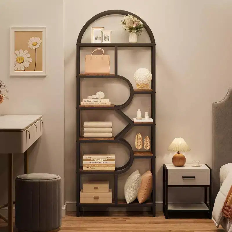 Étagère arquée à 6 niveaux - Bibliothèque géométrique de 207,5 cm de hauteur pour la maison et le bureau - Étagère de rangement moderne pour livres, disques vinyles, objets de décoration