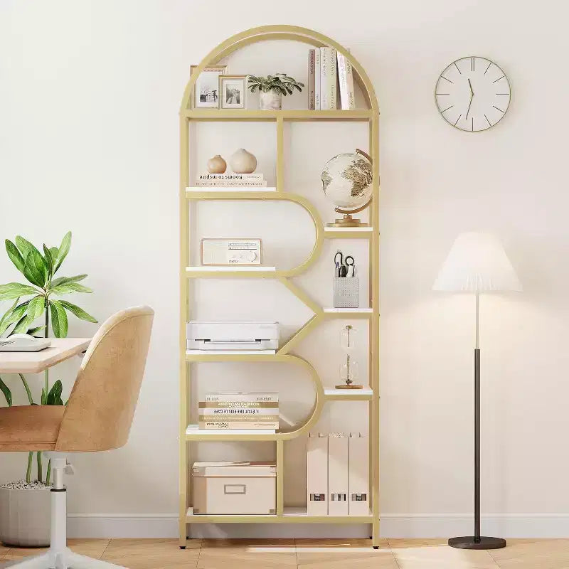 Étagère arquée à 6 niveaux - Bibliothèque géométrique de 207,5 cm de hauteur pour la maison et le bureau - Étagère de rangement moderne pour livres, disques vinyles, objets de décoration