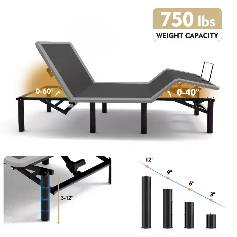 Base de lit réglable GDFStudio Jones avec massage de tête et de pieds, télécommande sans fil, port de chargement et veilleuse LED