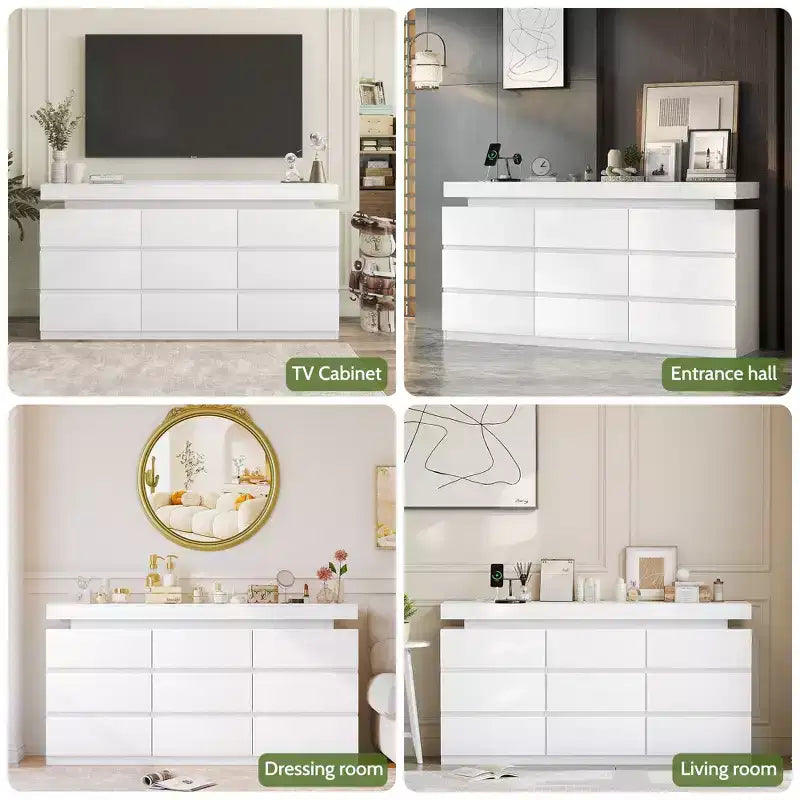 Dyonery Commode 9 Tiroirs avec Prise de Courant, Commode avec Lumière LED, Commode Moderne pour Placard, Meuble de Rangement à Double Largeur pour Chambre