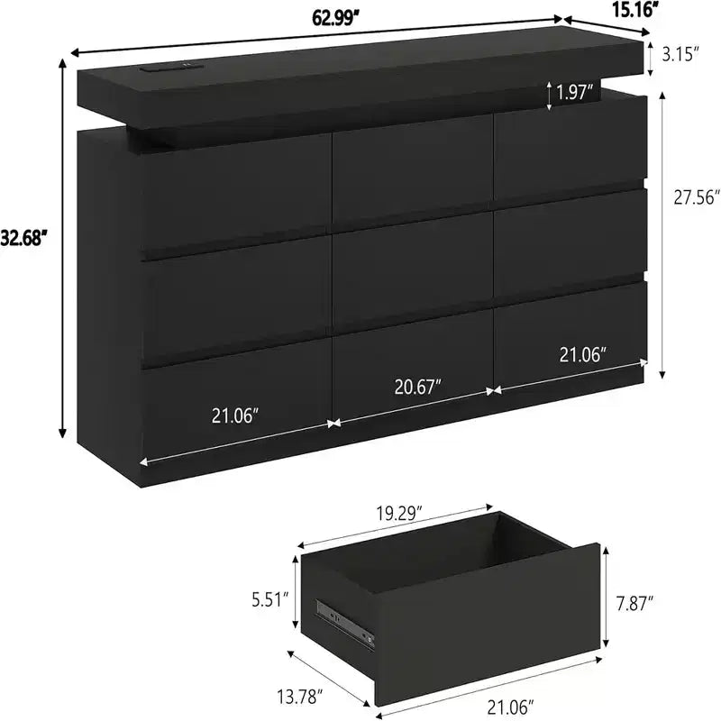 Dyonery Commode 9 Tiroirs avec Prise de Courant, Commode avec Lumière LED, Commode Moderne pour Placard, Meuble de Rangement à Double Largeur pour Chambre