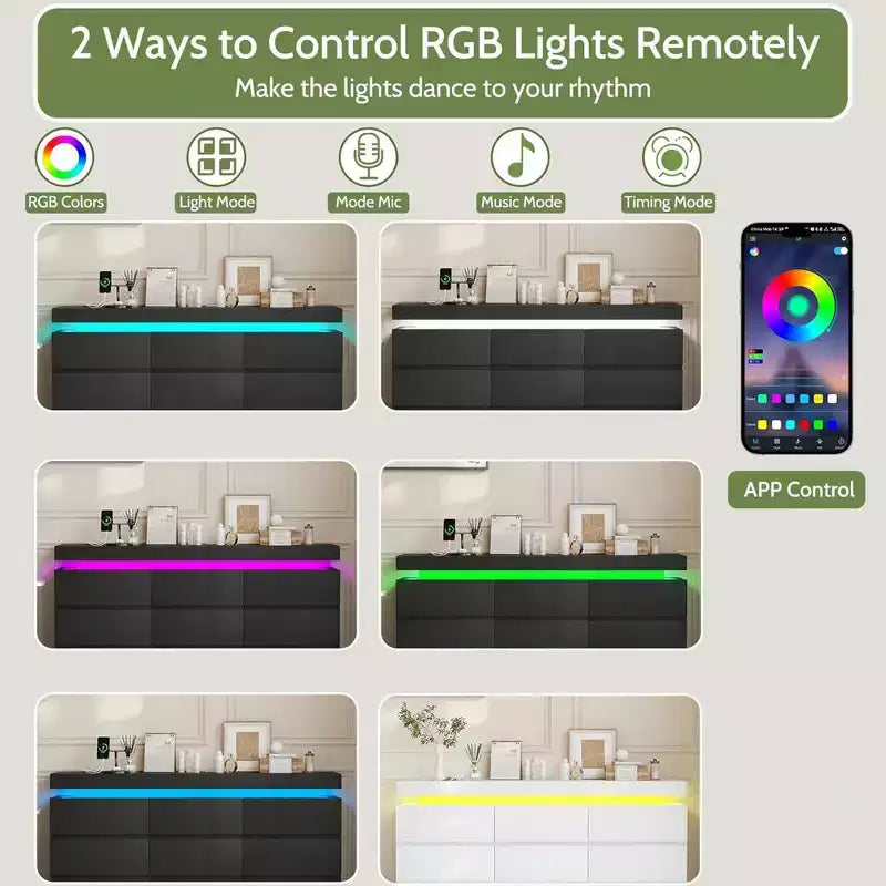 Dyonery Commode 9 Tiroirs avec Prise de Courant, Commode avec Lumière LED, Commode Moderne pour Placard, Meuble de Rangement à Double Largeur pour Chambre