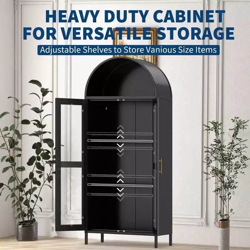 Armoire haute en métal avec arche de 185 cm, meuble de rangement en métal avec 2 étagères réglables et tiroirs, garde-manger de cuisine moderne avec porte vitrée, armoire polyvalente