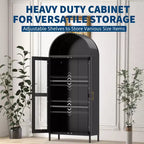 Armoire haute en métal avec arche de 185 cm, meuble de rangement en métal avec 2 étagères réglables et tiroirs, garde-manger de cuisine moderne avec porte vitrée, armoire polyvalente