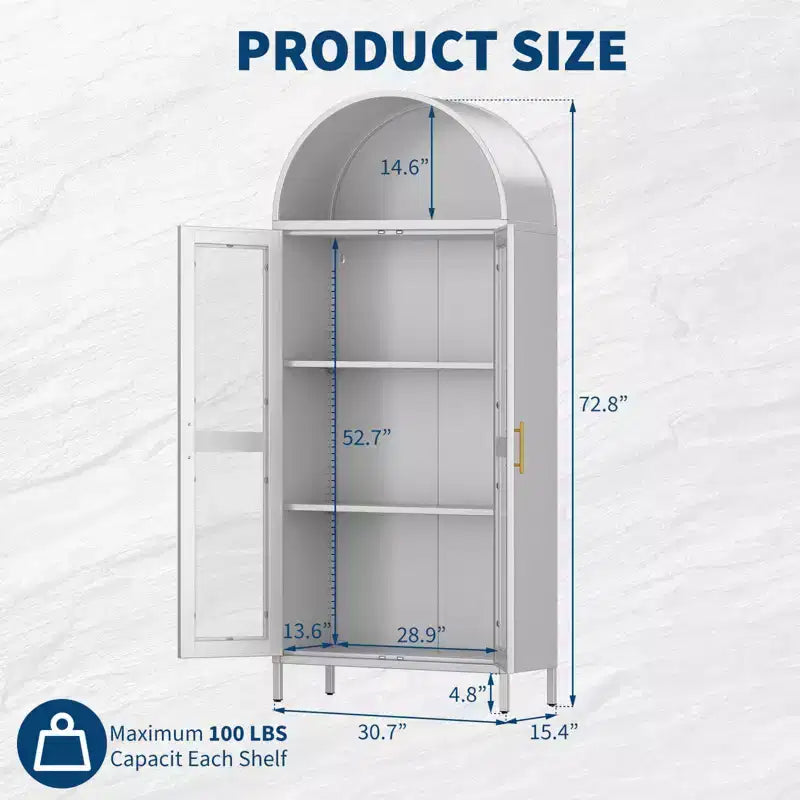 Armoire haute en métal avec arche de 185 cm, meuble de rangement en métal avec 2 étagères réglables et tiroirs, garde-manger de cuisine moderne avec porte vitrée, armoire polyvalente