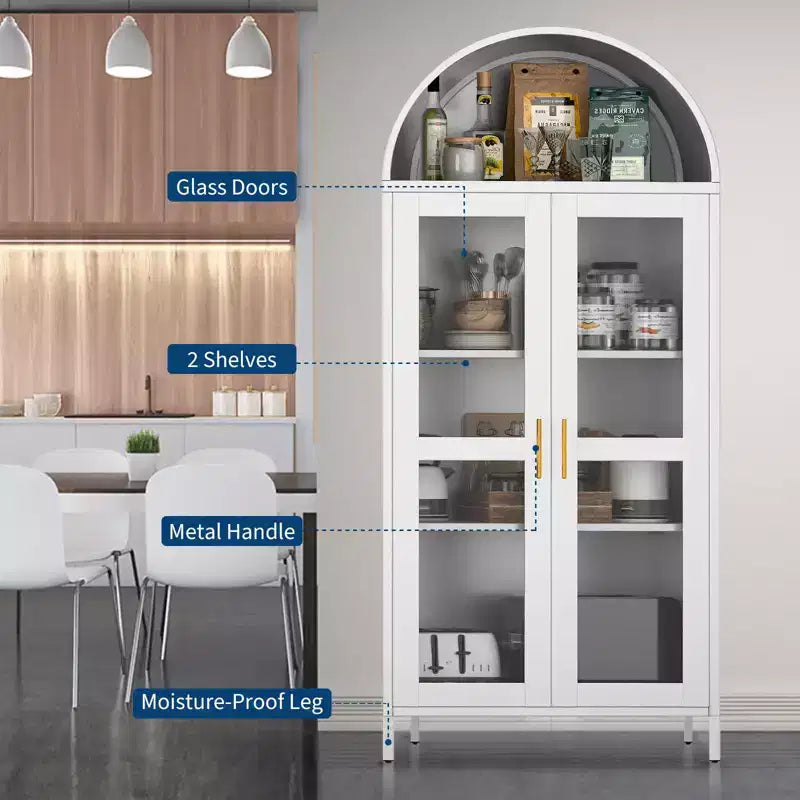 Armoire haute en métal avec arche de 185 cm, meuble de rangement en métal avec 2 étagères réglables et tiroirs, garde-manger de cuisine moderne avec porte vitrée, armoire polyvalente