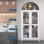Armoire haute en métal avec arche de 185 cm, meuble de rangement en métal avec 2 étagères réglables et tiroirs, garde-manger de cuisine moderne avec porte vitrée, armoire polyvalente