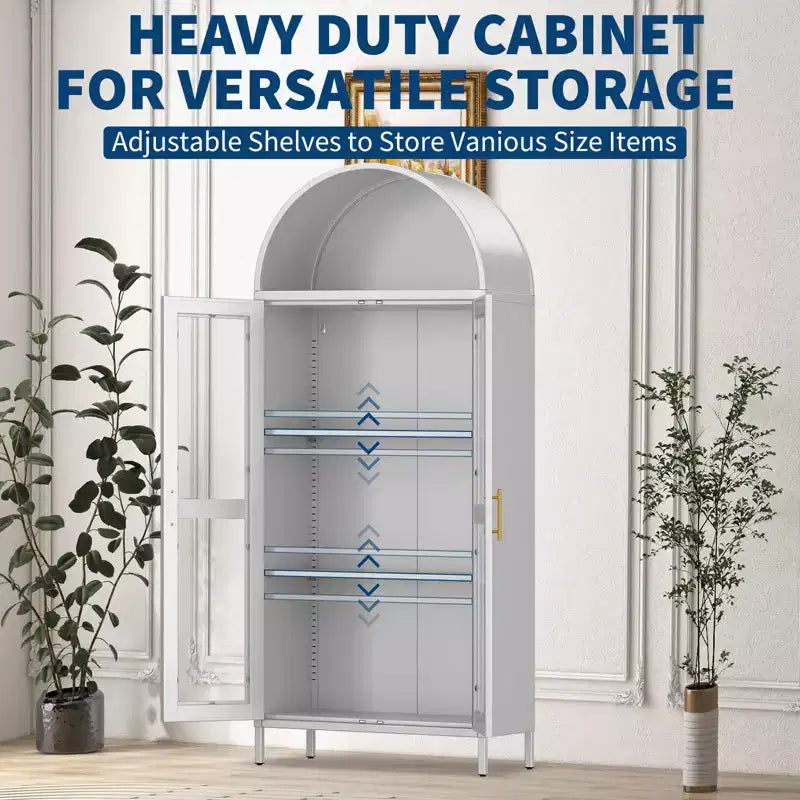 Armoire haute en métal avec arche de 185 cm, meuble de rangement en métal avec 2 étagères réglables et tiroirs, garde-manger de cuisine moderne avec porte vitrée, armoire polyvalente