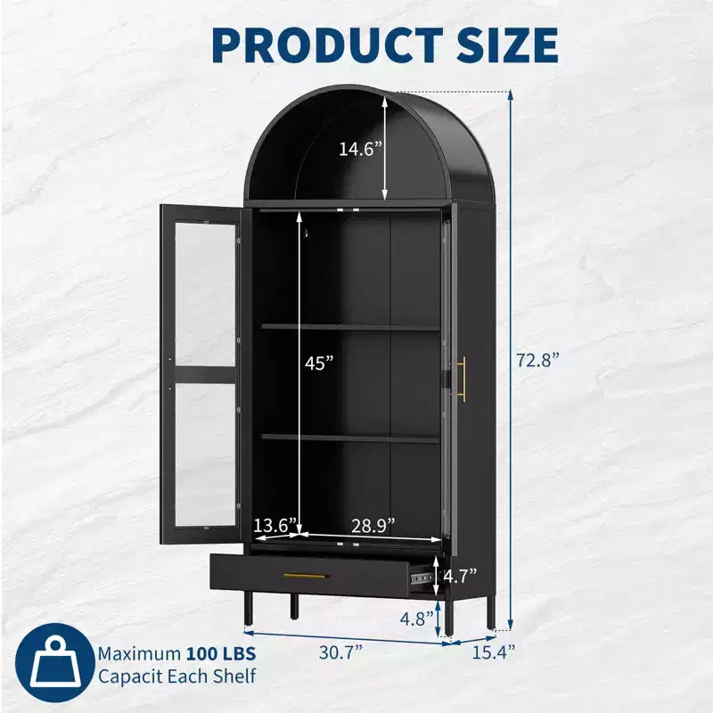 Armoire haute en métal avec arche de 185 cm, meuble de rangement en métal avec 2 étagères réglables et tiroirs, garde-manger de cuisine moderne avec porte vitrée, armoire polyvalente