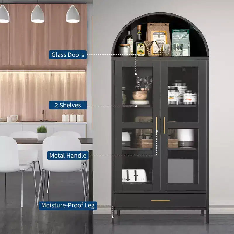 Armoire haute en métal avec arche de 185 cm, meuble de rangement en métal avec 2 étagères réglables et tiroirs, garde-manger de cuisine moderne avec porte vitrée, armoire polyvalente