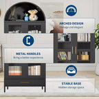Armoire haute en métal avec arche de 185 cm, meuble de rangement en métal avec 2 étagères réglables et tiroirs, garde-manger de cuisine moderne avec porte vitrée, armoire polyvalente
