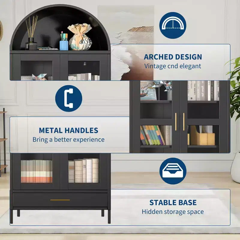 Armoire haute en métal avec arche de 185 cm, meuble de rangement en métal avec 2 étagères réglables et tiroirs, garde-manger de cuisine moderne avec porte vitrée, armoire polyvalente