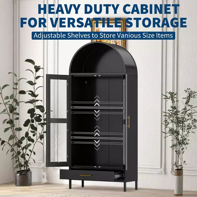 Armoire haute en métal avec arche de 185 cm, meuble de rangement en métal avec 2 étagères réglables et tiroirs, garde-manger de cuisine moderne avec porte vitrée, armoire polyvalente