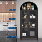 Armoire haute en métal avec arche de 185 cm, meuble de rangement en métal avec 2 étagères réglables et tiroirs, garde-manger de cuisine moderne avec porte vitrée, armoire polyvalente