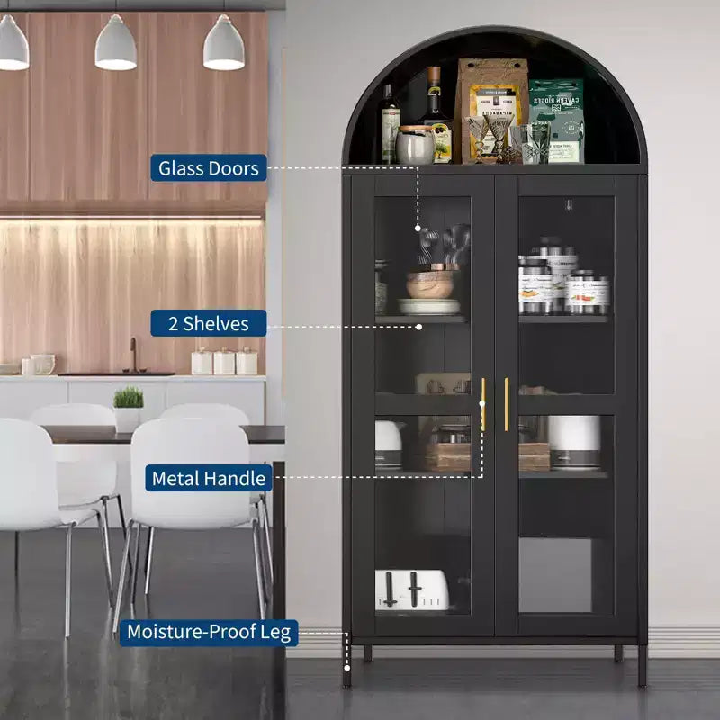 Armoire haute en métal avec arche de 185 cm, meuble de rangement en métal avec 2 étagères réglables et tiroirs, garde-manger de cuisine moderne avec porte vitrée, armoire polyvalente