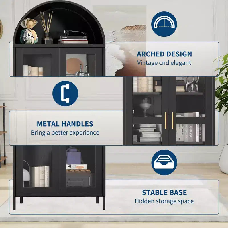 Armoire haute en métal avec arche de 185 cm, meuble de rangement en métal avec 2 étagères réglables et tiroirs, garde-manger de cuisine moderne avec porte vitrée, armoire polyvalente
