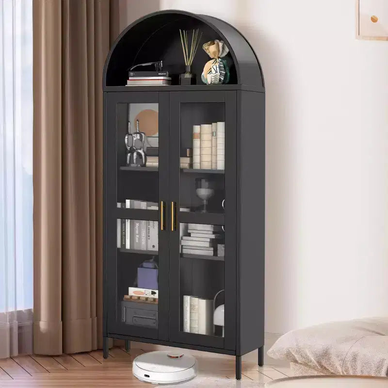 Armoire haute en métal avec arche de 185 cm, meuble de rangement en métal avec 2 étagères réglables et tiroirs, garde-manger de cuisine moderne avec porte vitrée, armoire polyvalente