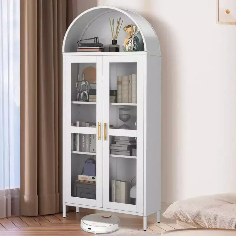 Armoire haute en métal avec arche de 185 cm, meuble de rangement en métal avec 2 étagères réglables et tiroirs, garde-manger de cuisine moderne avec porte vitrée, armoire polyvalente