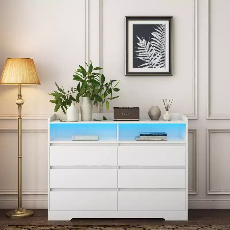 GDFStudio Barnard Modern 51.2 Rectangle Sideboard with 6 Drawers and Adjustable Lighting