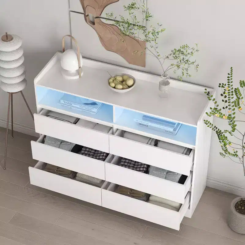 GDFStudio Barnard Buffet rectangulaire moderne de 130 cm avec 6 tiroirs et éclairage réglable