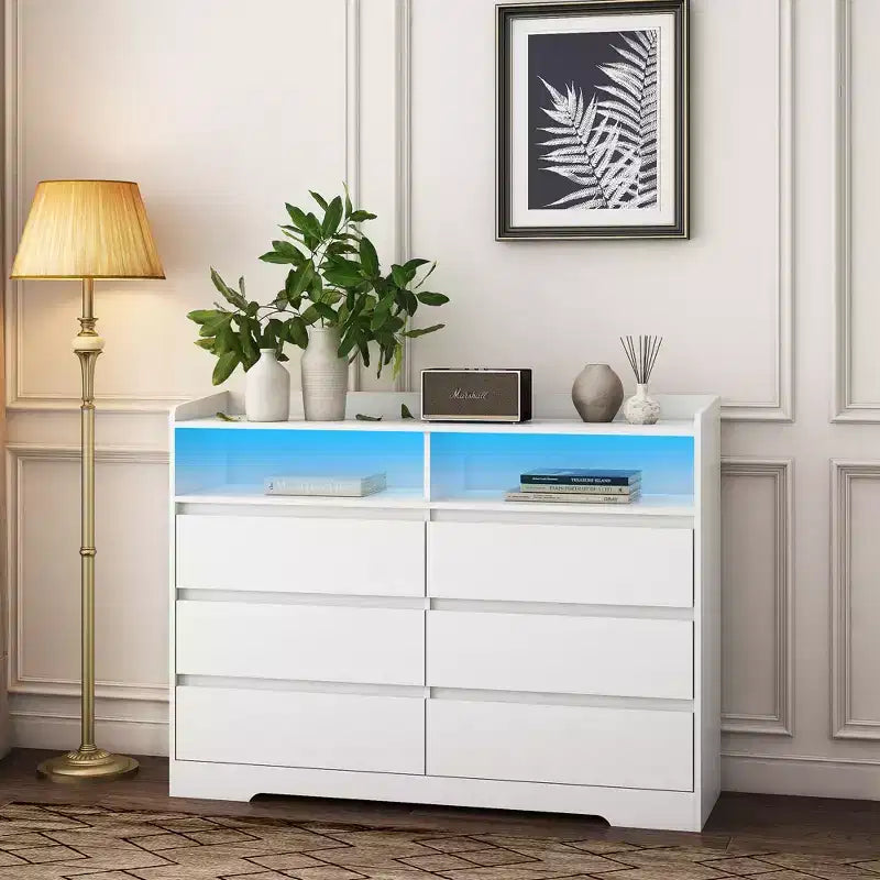 GDFStudio Barnard Buffet rectangulaire moderne de 130 cm avec 6 tiroirs et éclairage réglable