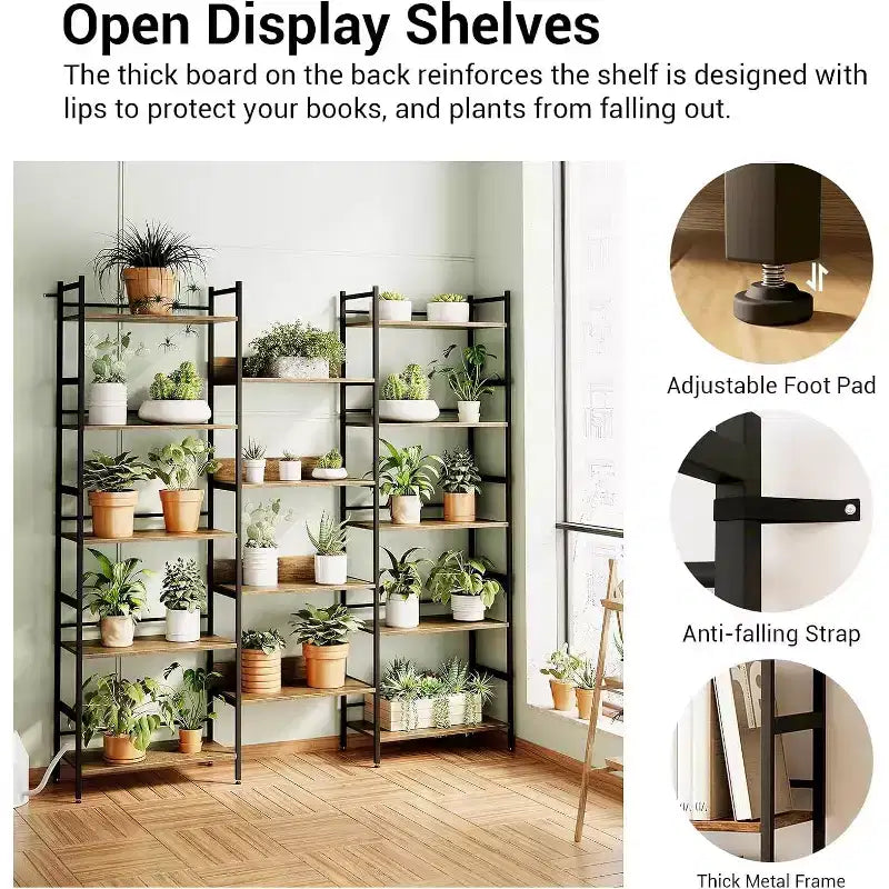 Grande étagère à 5 niveaux, étagère industrielle avec 4 étagères ouvertes, haute bibliothèque rustique pour chambre à coucher ou bureau