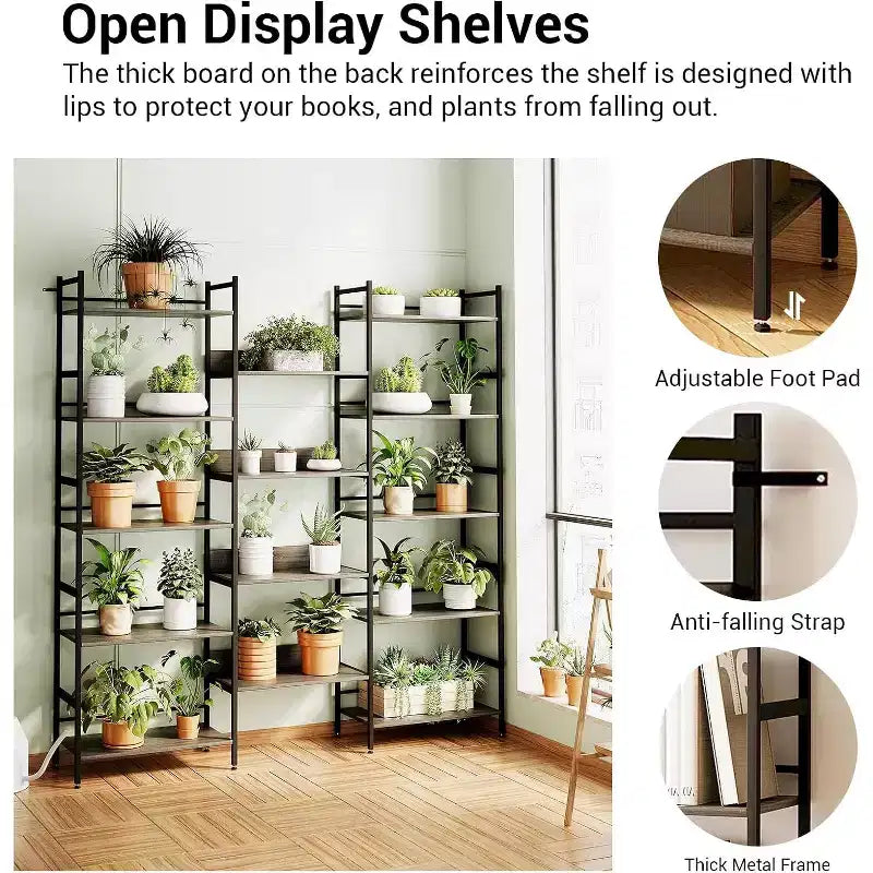 Grande étagère à 5 niveaux, étagère industrielle avec 4 étagères ouvertes, haute bibliothèque rustique pour chambre à coucher ou bureau