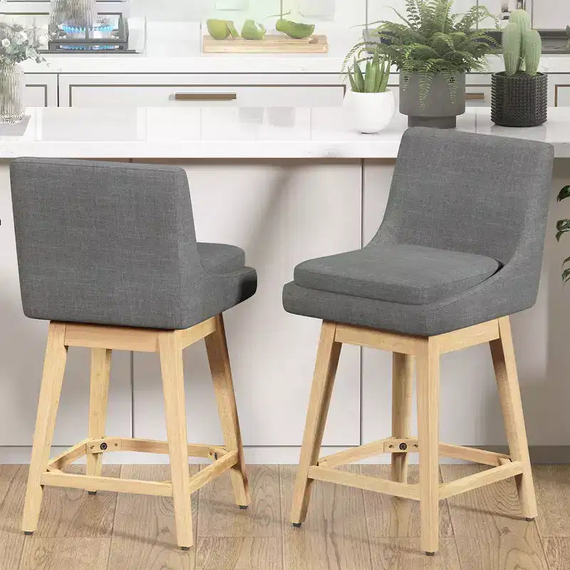 Dyonery 26.8 Height Counter Height Swivel Bar Stools Set of 2, Upholstered Counter Kitchen Barstools with Back, Solid Wood Legs, Fabric - Blue