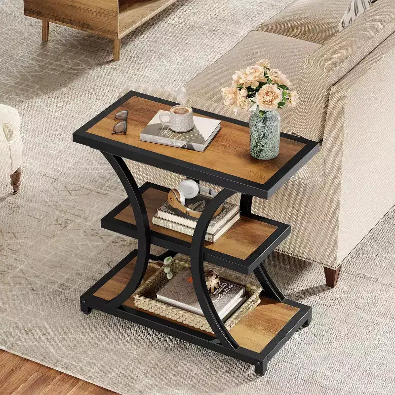 Table d'appoint à 3 niveaux Lantine avec rangement, design géométrique en métal, table de chevet industrielle pour salon, chambre à coucher