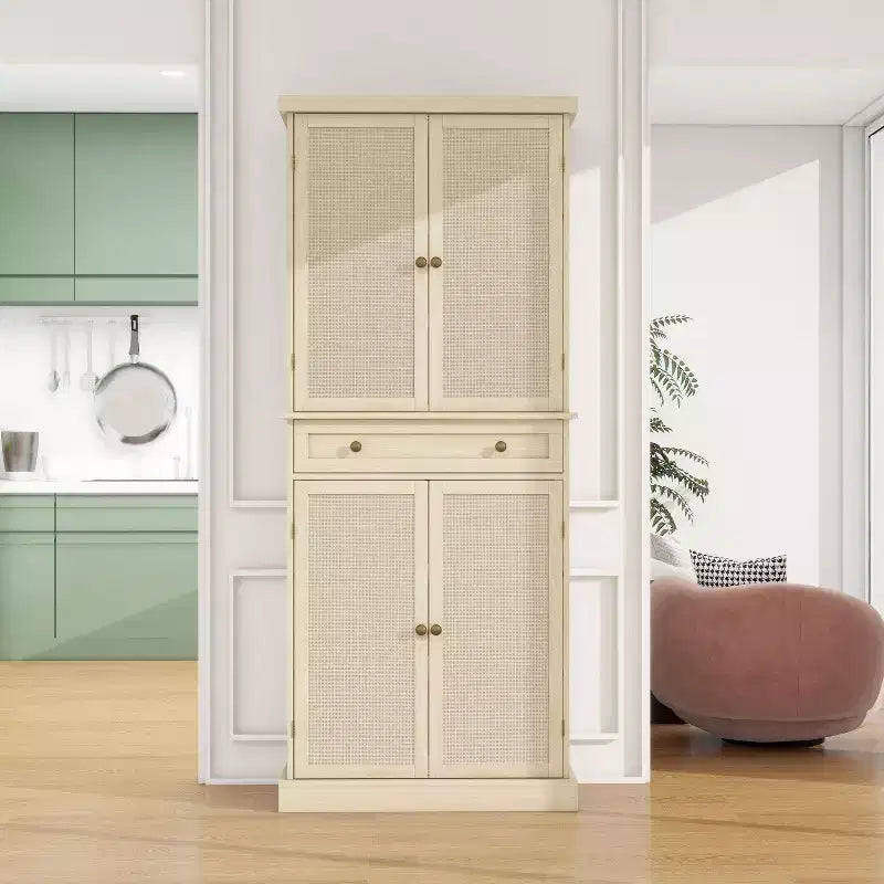 Meuble de cuisine Okak, armoire haute avec 4 étagères intérieures réglables et 4 portes, buffet polyvalent pour salon et salle à manger
