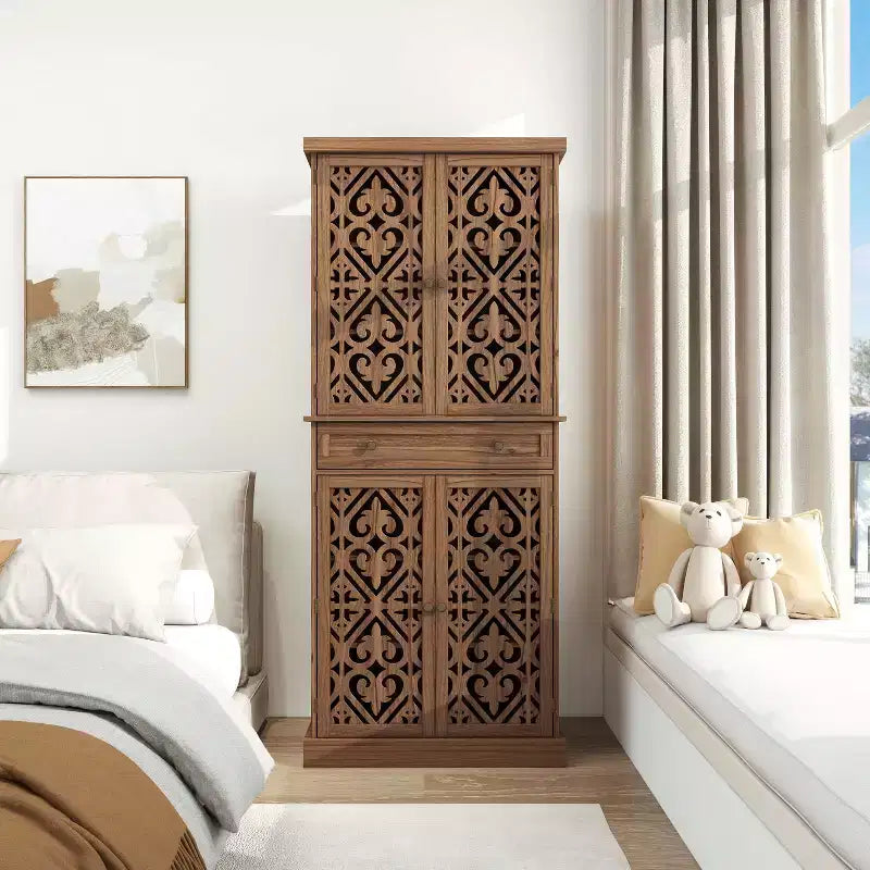 Meuble de cuisine Okak, armoire haute avec 4 étagères intérieures réglables et 4 portes, buffet polyvalent pour salon et salle à manger