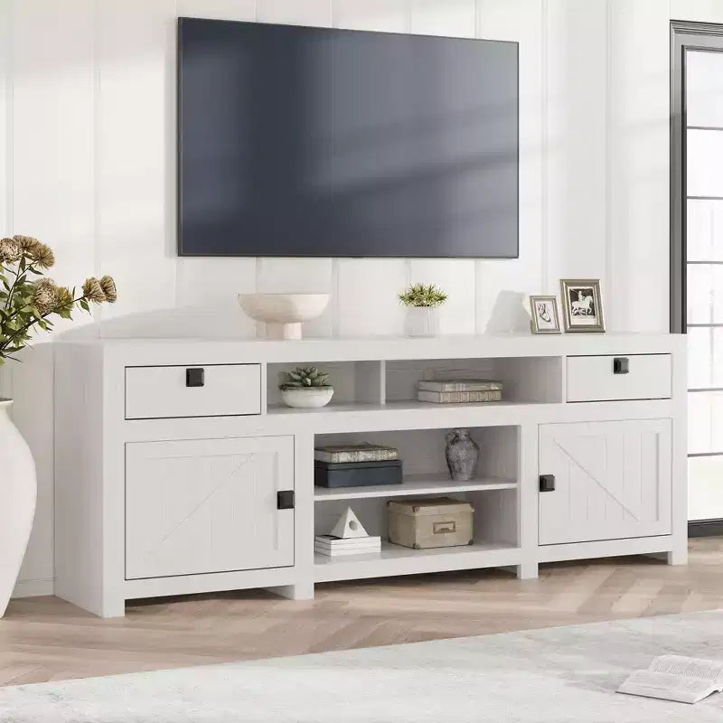Farmhouse TV Stand for 75/80 Inch TVs, 70 Long Entertainment Center with 4 Storage Drawers & 3 Open Shelf, Television Consoles Stands