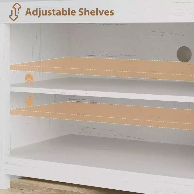 Meuble TV de ferme pour téléviseurs de 75/80 pouces, meuble de divertissement de 70 pouces de long avec 4 tiroirs de rangement et 3 étagères ouvertes, consoles de télévision