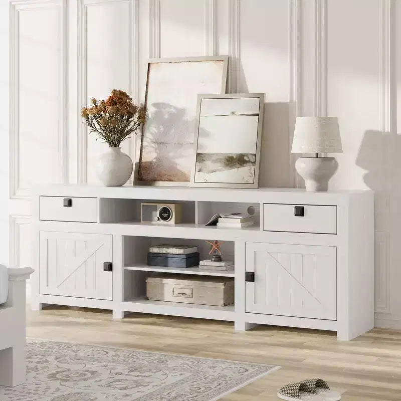 Meuble TV de ferme pour téléviseurs de 75/80 pouces, meuble de divertissement de 70 pouces de long avec 4 tiroirs de rangement et 3 étagères ouvertes, consoles de télévision