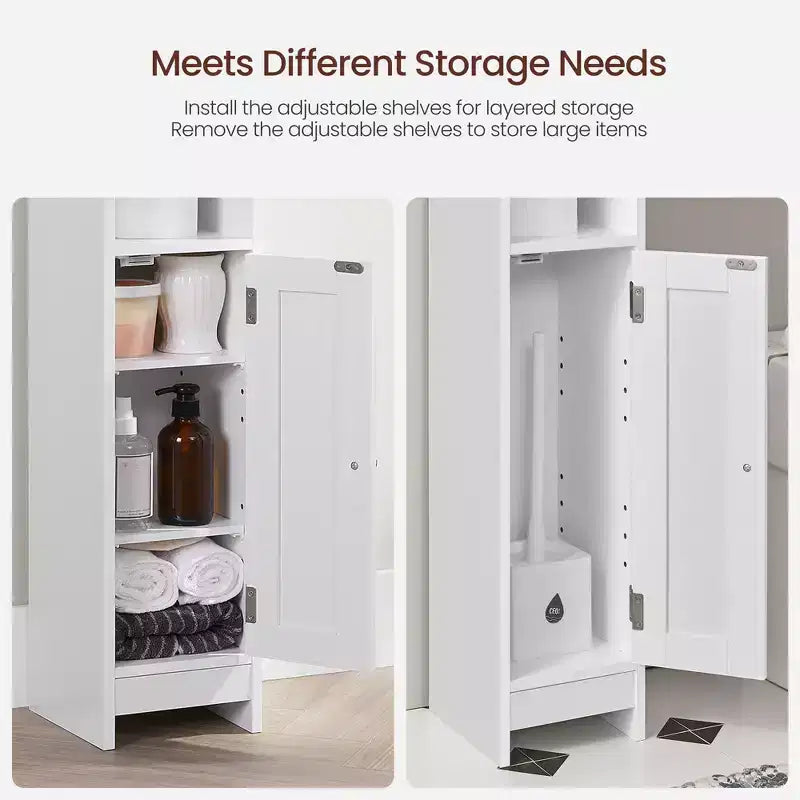 Meuble de Rangement Salle de Bain Étroit et Peu Encombrant avec Étagères Réglables et Porte, Organisateur de Sol pour Papier Toilette et Articles de Toilette, Conception Anti-Basculement