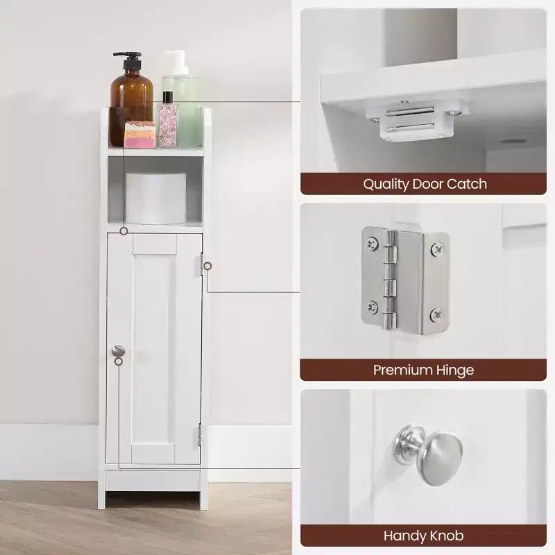 Meuble de Rangement Salle de Bain Étroit et Peu Encombrant avec Étagères Réglables et Porte, Organisateur de Sol pour Papier Toilette et Articles de Toilette, Conception Anti-Basculement