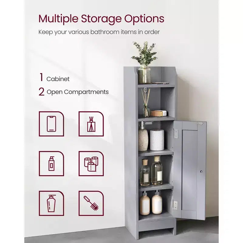 Meuble de Rangement Salle de Bain Étroit et Peu Encombrant avec Étagères Réglables et Porte, Organisateur de Sol pour Papier Toilette et Articles de Toilette, Conception Anti-Basculement