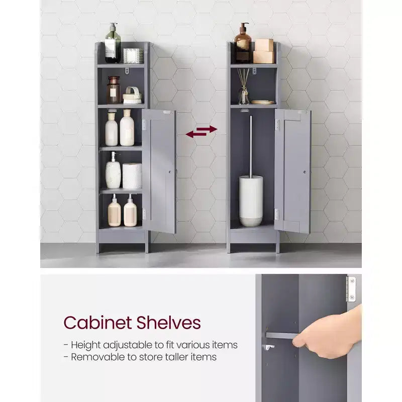 Meuble de Rangement Salle de Bain Étroit et Peu Encombrant avec Étagères Réglables et Porte, Organisateur de Sol pour Papier Toilette et Articles de Toilette, Conception Anti-Basculement