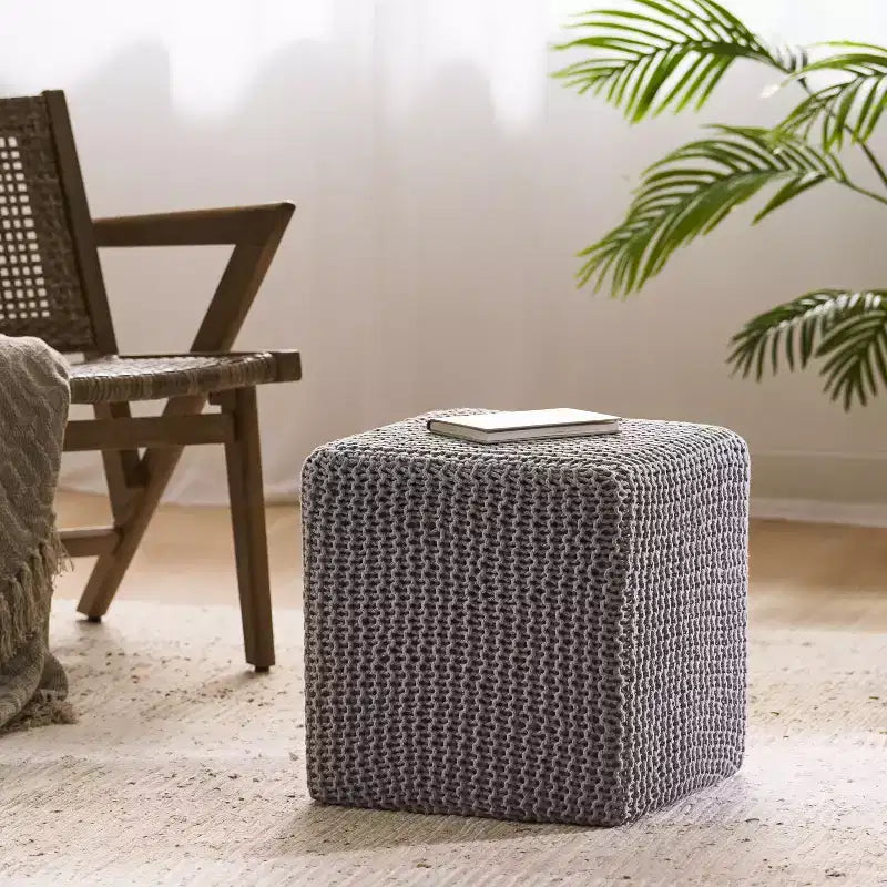 GDFStudio Chabani Modern Knitted Fabric Cube Pouf Ottoman