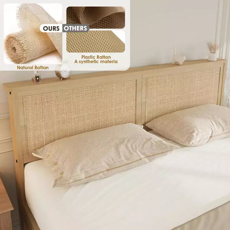 Cadre de lit en rotin double avec 2 tiroirs, tête de lit en rotin, lumières LED, cadre de lit de rangement bohème