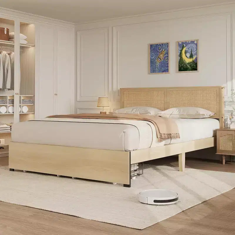 Cadre de lit en rotin double avec 2 tiroirs, tête de lit en rotin, lumières LED, cadre de lit de rangement bohème
