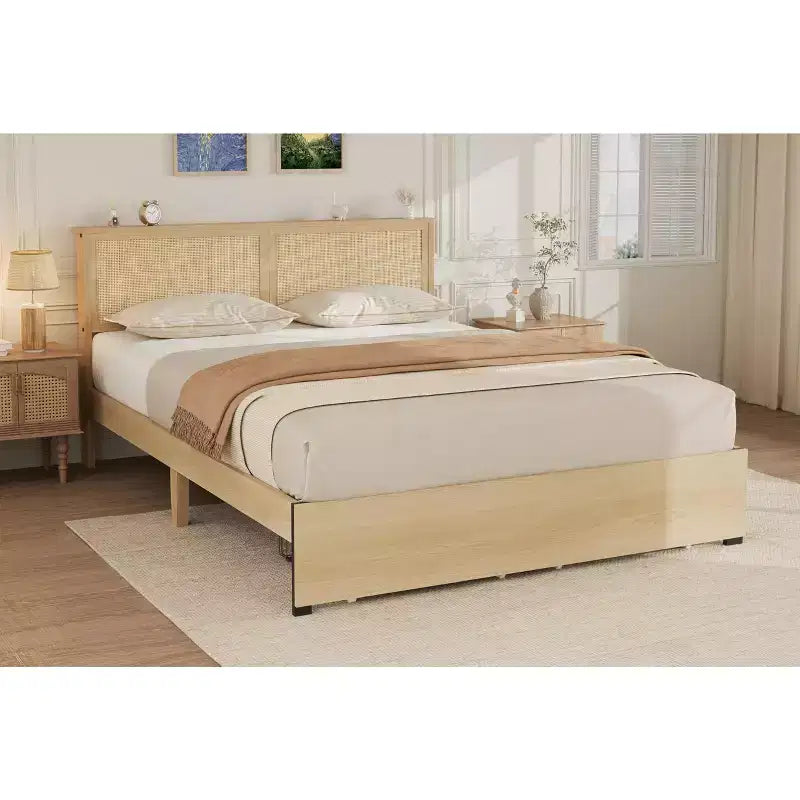 Cadre de lit en rotin double avec 2 tiroirs, tête de lit en rotin, lumières LED, cadre de lit de rangement bohème