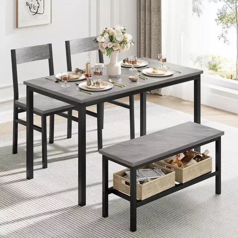 Ensemble table à manger et 4 chaises, table de cuisine moderne avec chaises et banc pour petit espace, ensemble de salle à manger 4 personnes avec cadre en métal et étagère de rangement