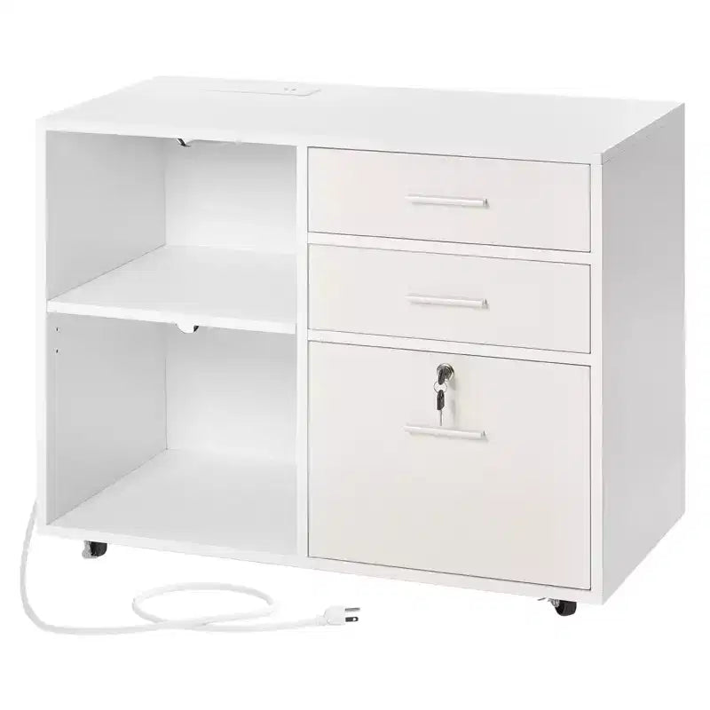 VEVOR 3 Drawer Wooden File Cabinet, Mobile Filing Cabinet with Light Strip, Lockable Rolling File Storage with Adjustable Shelves & 5 Wheels, White