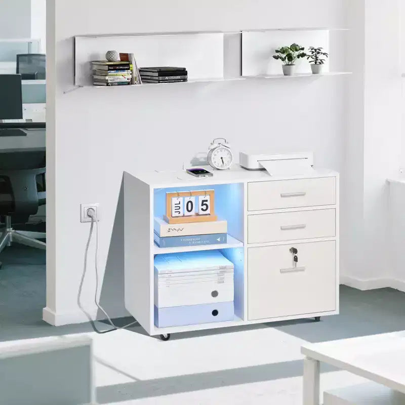 VEVOR Classeur en bois à 3 tiroirs, meuble de rangement mobile avec bande lumineuse, classeur à roulettes verrouillable avec étagères réglables et 5 roulettes, blanc