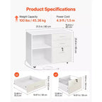 VEVOR Classeur en bois à 3 tiroirs, meuble de rangement mobile avec bande lumineuse, classeur à roulettes verrouillable avec étagères réglables et 5 roulettes, blanc
