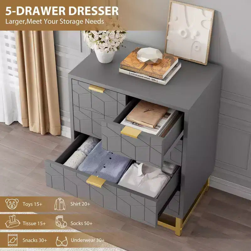 Commode à 5 tiroirs - Commode moderne grise avec base métallique pour chambre/salon/placard (Meuble de rangement, dimensions non spécifiées)