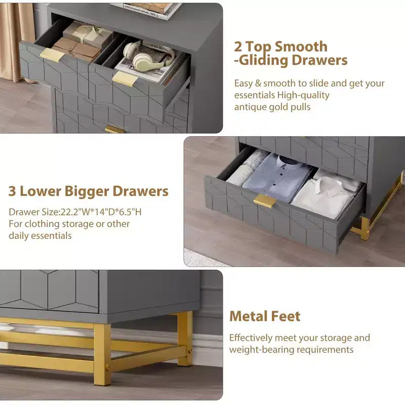 Commode à 5 tiroirs - Commode moderne grise avec base métallique pour chambre/salon/placard (Meuble de rangement, dimensions non spécifiées)