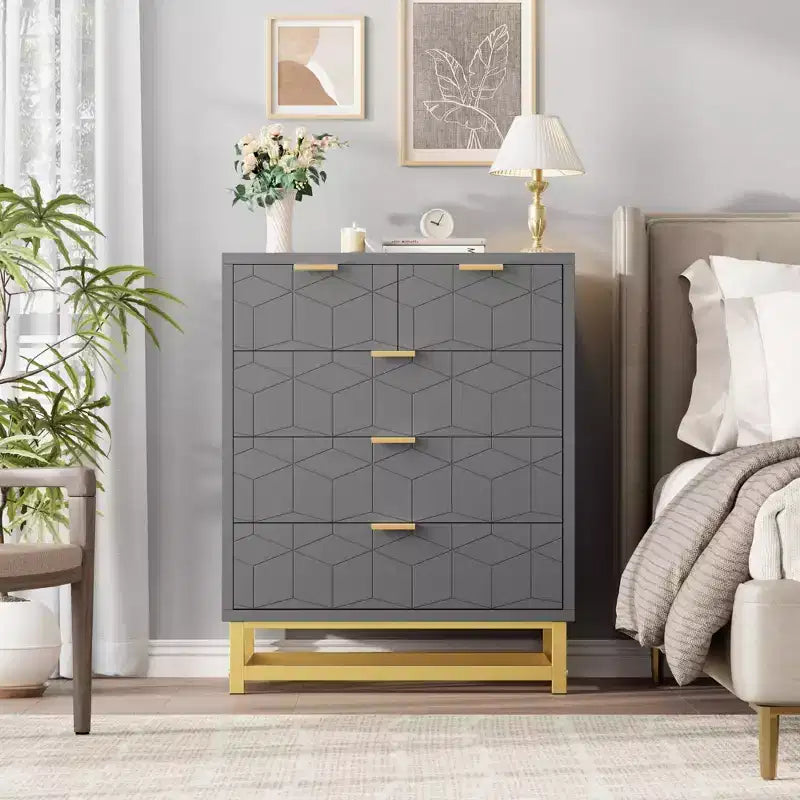 Commode à 5 tiroirs - Commode moderne grise avec base métallique pour chambre/salon/placard (Meuble de rangement, dimensions non spécifiées)