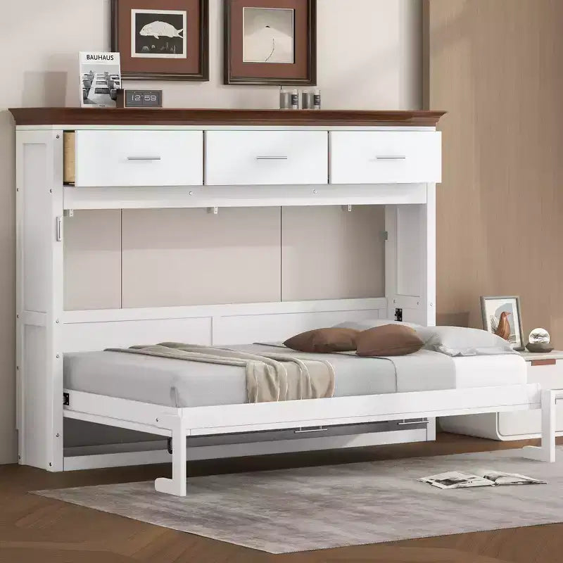 Lit mural escamotable Twin Size avec 3 tiroirs, lit-armoire pliable, blanc - ModernLuxe